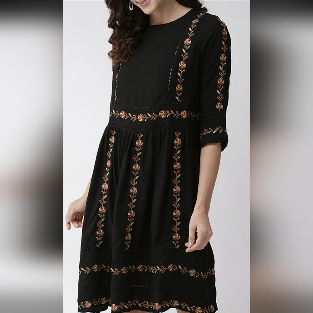 Forever 21 Black Dress Floral Embroidered Accents S Boho Cottagecore  Whimsigoth